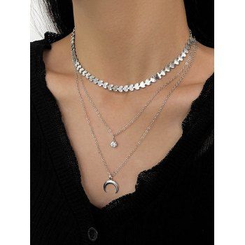 

Moon Rhinestone Geometric Charms Trendy Layered Necklace, Silver