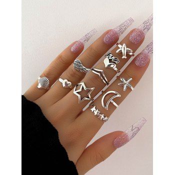 

10Pcs Hollow Out Moon Star Wing Shell Round Finger Rings Set, Silver