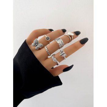 

7Pcs Flower Butterfly Star Bee Round Finger Rings Set, Silver