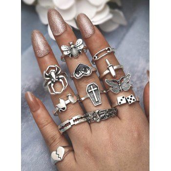 

12Pcs Spider Butterfly Bee Mushroom Heart Gothic Finger Rings Set, Silver