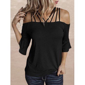 

Cold Shoulder Flutter Half Sleeve T-shirt Solid Color Strappy Tee, Black