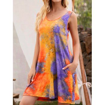 

Tie Dye Allover Print Tank Dress Sleeveless Hidden Pocket Round Neck Mini Dress, Orange