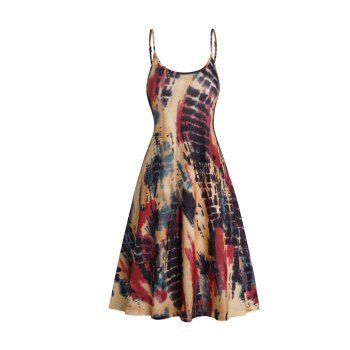 

Tie Dye Allover Print Midi Dress Adjustable Spaghetti Strap Dress, Deep coffee
