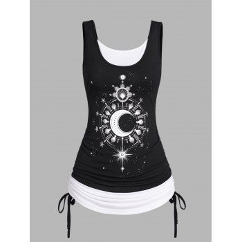 

Colorblock Faux Twinset Tank Top Cinched Moon Planet Star Print Twofer Tank Top, Black