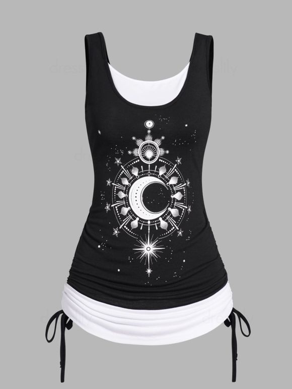 Colorblock  Faux Twinset Tank Top Cinched Moon Planet Star Print Twofer Tank Top - BLACK XXL