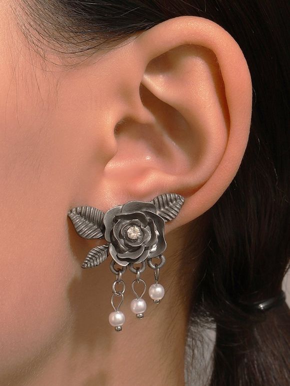 Boucles D'Oreilles Motif Rose Ornées de Strass et de Perles Fantaisies Style Rétro - Noir 