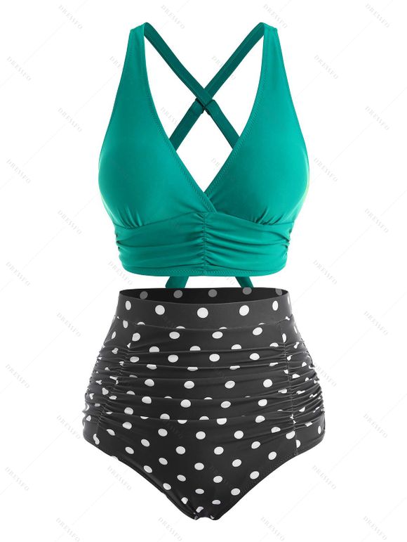 Maillot de Bain Tankini Vintage Croisé à Pois à Volants - Vert XL