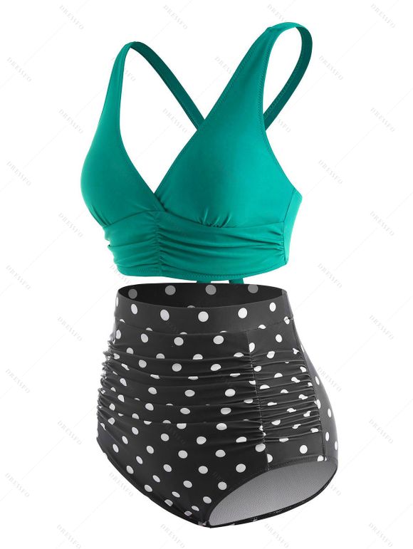 Maillot de Bain Tankini Vintage Croisé à Pois à Volants - Vert S