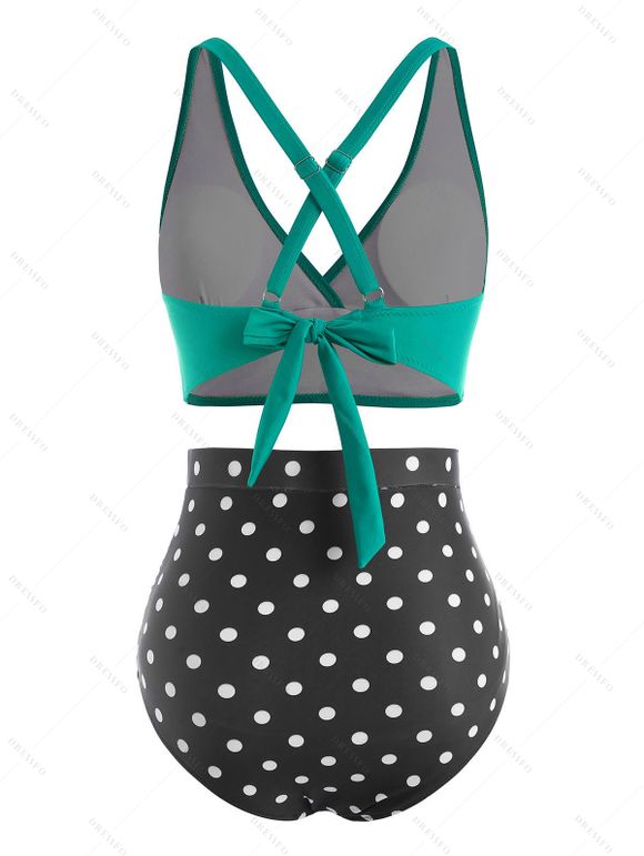 Maillot de Bain Tankini Vintage Croisé à Pois à Volants - Vert S