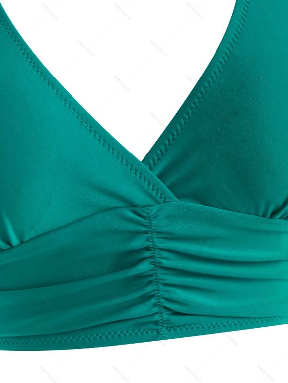 Maillot de Bain Tankini Vintage Croisé à Pois à Volants - Vert S