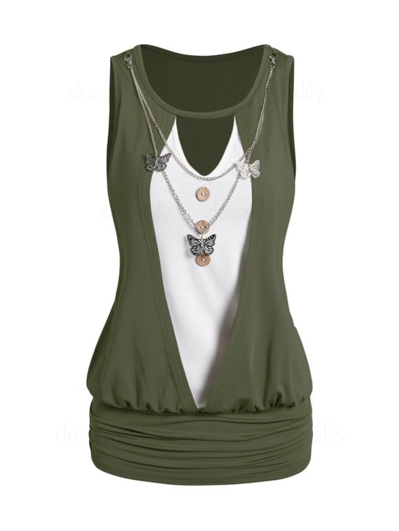 Contrast Colorblock Tank Top Keyhole Ruched Mock Button Tank Top With Butterfly Chain - LIGHT GREEN XL