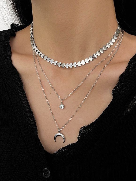 Collier Tendance à Plusieurs Branches Motif Lune Géométrie et Strass - Argent 