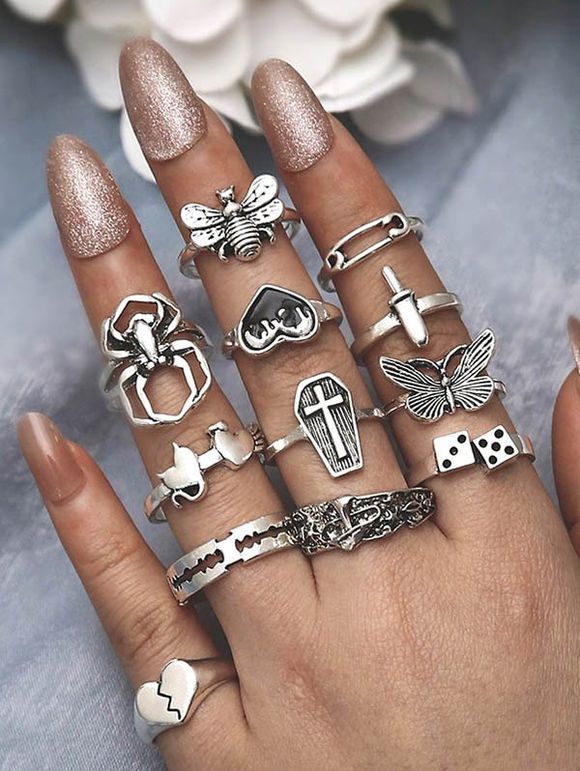 12 Pièces Ensemble de Bague à Imprimé Gothique Papillon Cœur Abeille - Argent 