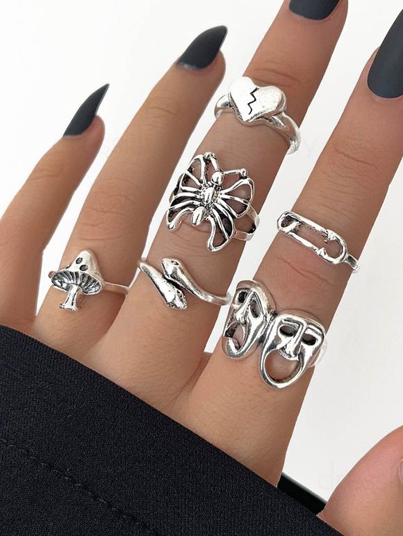 6 Pièces Ensemble de Bagues Serpent Crâne Cœur Gothique en Alliage - Argent 