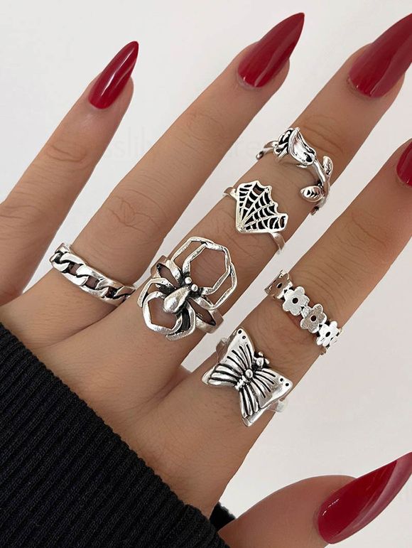 6 Pièces Ensemble de Bagues Fleur Rose Papillon et Toile D'Araignée Style Gothique - Argent 