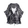 Ensemble Deux Pièces de Camisole de Base en Couleur Unie et Blouse à Imprimé Etoile Lune et Soleil Noué - Noir M