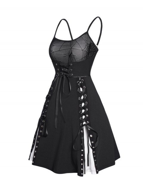 Gothic Spider Mesh Colorblock Mini Dress Self-belt Lace Up Spaghetti Strap Godet Dress