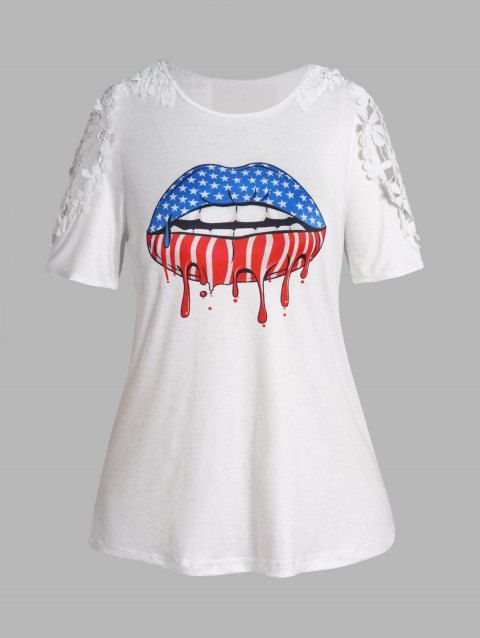 T-shirt Evidé Patriotique à Imprimé Etoile en Dentelle Guipure de Grande Taille