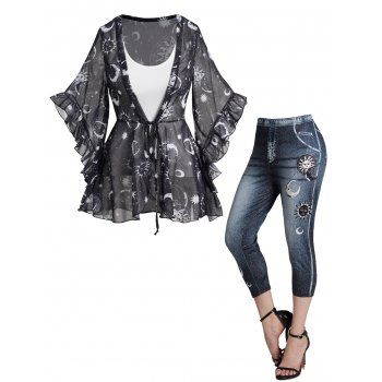 

Celestial Sun Moon Star Print See Thru Ruffles Half Sleeve Tops And Faux Denim 3D Print Cropped Leggings Outfit, Black