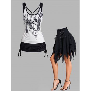 Feather Dreamcatcher Print Cinched Ruched O Ring Tank Top And Lace Up Layered Handkerchief Skirt Outfit