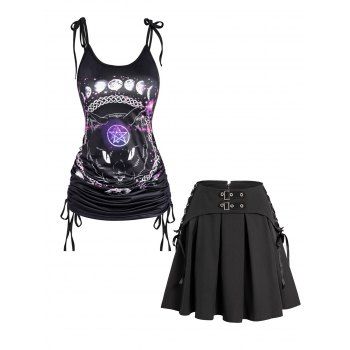 

Galaxy Moon Phase Cat Chain Print Tie Knot Shoulder Cinched Gothic Tank Top And Lace Up Pleated A Line Mini Skirt Outfit, Black