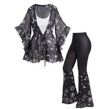 

Celestial Sun Moon Print Ruffles Half Sleeve Sheer Tops And Long Flare Pants Outfit, Black