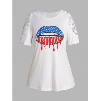 

Plus Size T Shirt Mouth Star Striped Print Guipure Hollow Out Lace Patriotic Tee, White