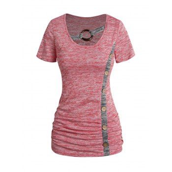 

Space Dye Ruched T-shirt Mock Button O Ring Short Sleeve Casual Tee, Light pink