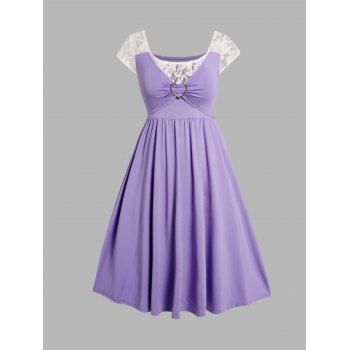 

Plus Size Dress Colorblock Lace Panel Heart-ring High Waisted Ruched A Line Mini Dress, Light purple