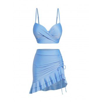 

Plain Color Tankini Swimsuit Twisted Underwire Swimwear Push Up Cinched Flounce Skirt Vacation Bathing Suit, Blue