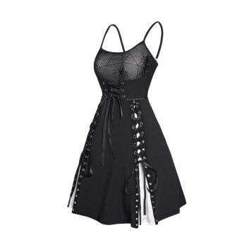 

Gothic Spider Mesh Colorblock Mini Dress Self-belt Lace Up Spaghetti Strap Godet Dress, Black