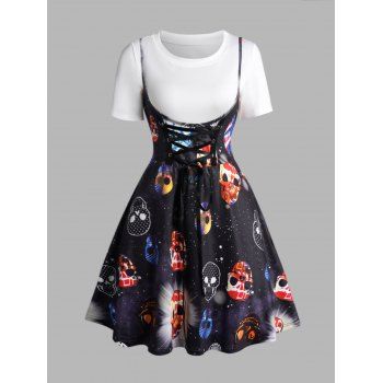 

Skull Galaxy Print Lace Up Spaghetti Strap Mini Dress And Basic Short Sleeve T-shirt Two Piece Set, Black