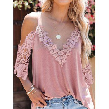 

Cold Shoulder Guipure Lace Panel T-shirt V Neck Solid Color Spaghetti Strap Tee, Light pink