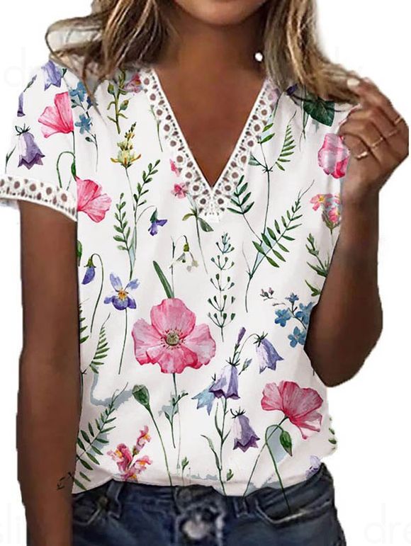 T-shirt à Imprimé Lettre Feuille Fleur Evidé Cottagecore à Manches Courtes en Dentelle à Manches Courtes - Blanc XL