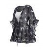Ensemble de Top Transparent à Imprimé Soleil et Lune à Demi-Manches et Pantalon Long Evasé - Noir S