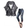 Ensemble de Legging Court 3D en Faux Denim et Top Transparent à Imprimé 3D Etoile Lune et Soleil à Demi-Manches - Noir S