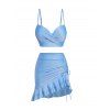 Plain Color Tankini Swimsuit Twisted Underwire Swimwear Push Up Cinched Flounce Skirt Vacation Bathing Suit - BLUE XXL