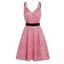 Space Dye Dress Mock Button High Waisted Belted V Neck A Line Mini Dress - LIGHT PINK XL
