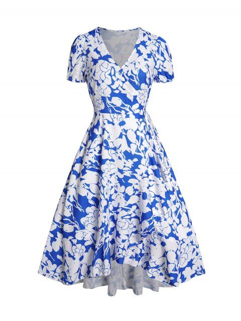 Allover Flower Print Tie Wrap Dress Surplice Plunge Flounce Asymmetric Vacation Dress