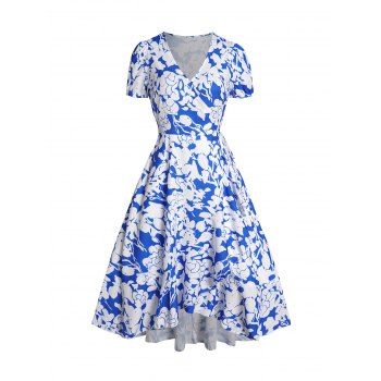 

Allover Flower Print Tie Wrap Dress Surplice Plunge Flounce Asymmetric Vacation Dress, Blue