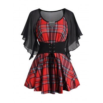 

Plaid Print Lace Up T-shirt See Thru Chiffon Flutter Sleeve Long T-shirt, Deep red