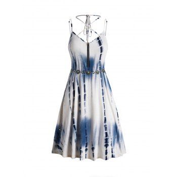 

Tie Dye Print Dress Zipper Crisscross Belted High Waisted Sleeveless A Line Mini Dress, Blue