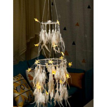 

Beaded Faux Feather Dream Catcher Star LED Trendy Home Decor, White