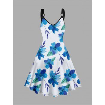 

Plus Size Dress Leaf Flower Print V Neck O-ring Strap Sleeveless A Line Midi Dress, Blue