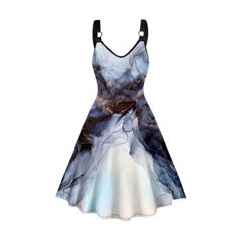 

Plus Size Dress Printed O-ring Strap V Neck Sleeveless A Line Midi Curve Dress, Gray