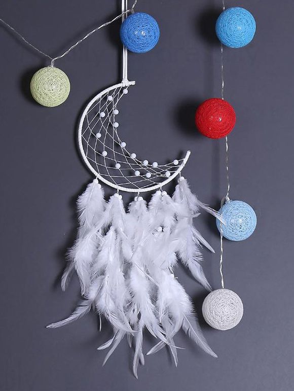 Attrape-Rêve Mode Orné de Plumes Artificielles Perles et Lune à Sculpture Creuse Décor Maison - Blanc 