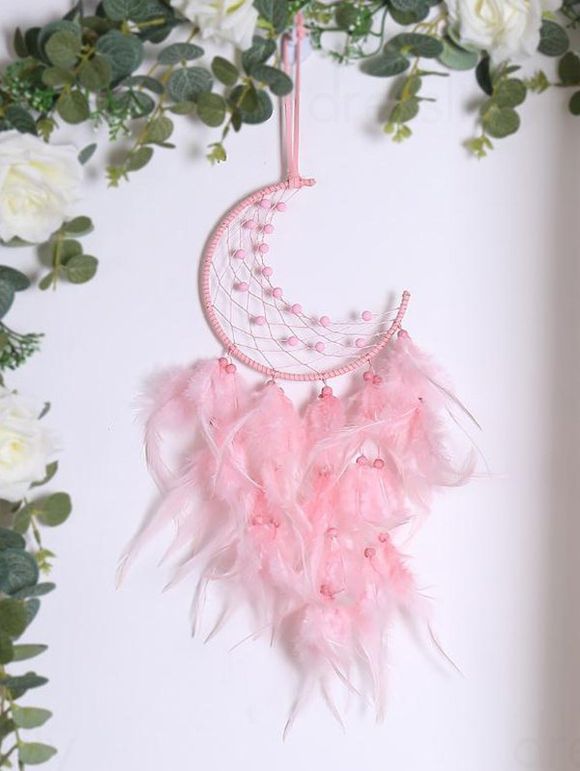 Attrape-Rêve Mode Orné de Plumes Artificielles Perles et Lune à Sculpture Creuse Décor Maison - Rose clair 