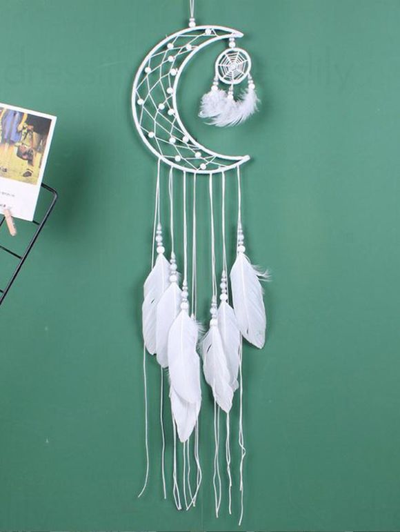 Attrape-Rêve Mode Orné de Plumes Lune et Perles Fantaisies à Sculpture Creuse Décor Maison - Blanc 
