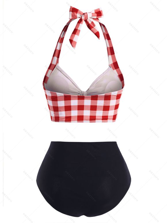 Maillot de Bain Tankini Vintage à Carreaux Imprimé avec Bouton - Rouge foncé S