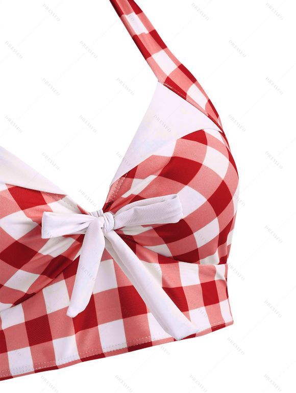 Maillot de Bain Tankini Vintage à Carreaux Imprimé avec Bouton - Rouge foncé S